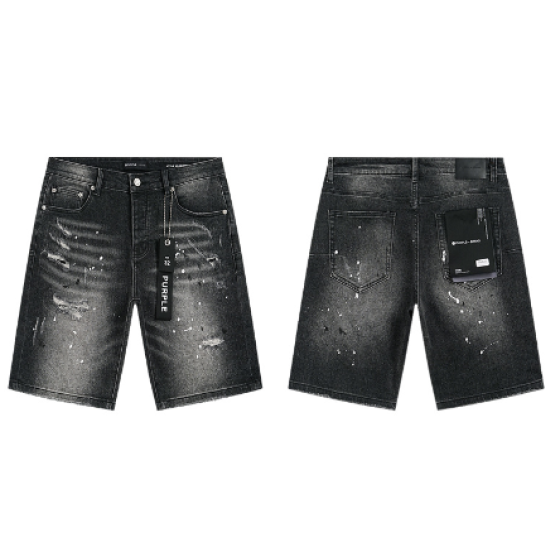 Black Washed Denim Shorts with Heavy Knee Distressing and Paint Splatter